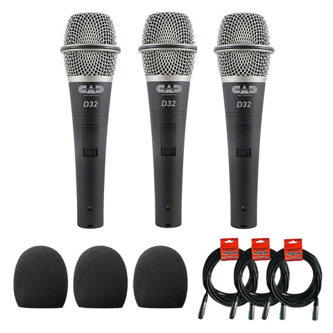 CAD CADLive D32 Supercardioid Dynamic Handheld Microphone (3 Pack) with 3 x Foam Windscreen & 3 x XLR Cable Bundle