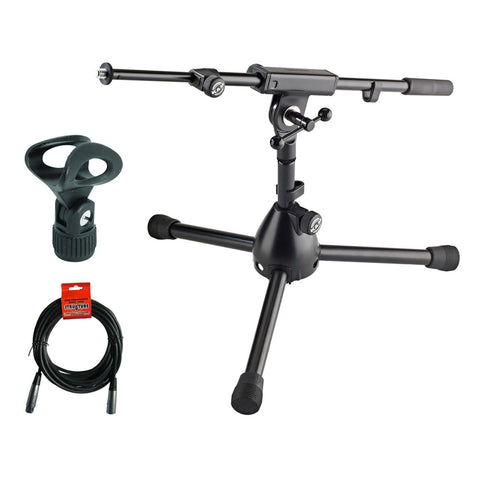 K&M 25950 REIN Low Level Tripod Microphone Stand with Elliptical Microphone Clip & 20' XLR Cable