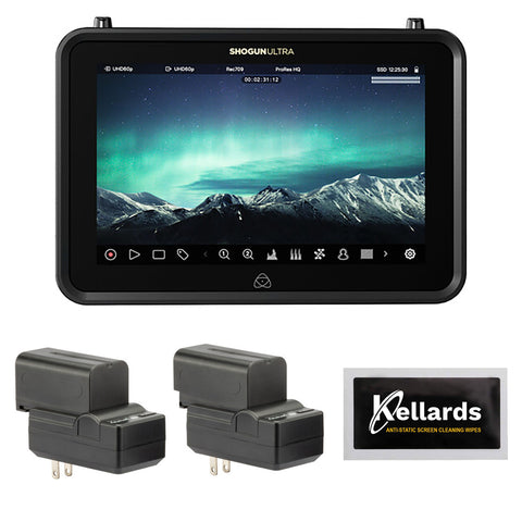 Atomos Shogun Ultra 7-Inch HDR Monitor-Recorder 8K Raw Bundle with Genaray 2 x NP-F770 4400mAh Batteries & 2 x Compact Chargers Kit and Anti-Static Screen Cleaning Wipes