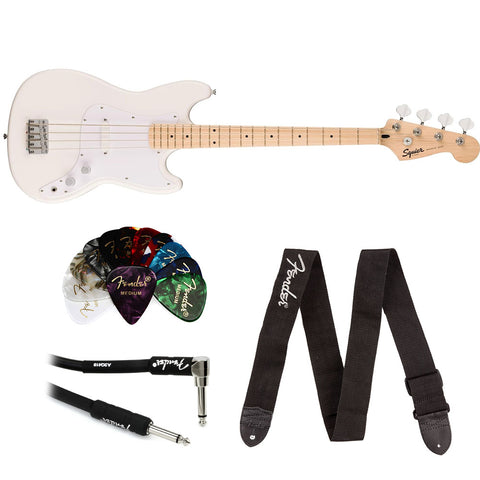 Squier Squier Sonic Bronco Bass, Arctic White, Maple Fingerboard Bundle with Fender Logo Guitar Strap Black, Fender 12-Pack Celluloid Picks, and Straight/Angle Instrument Cable