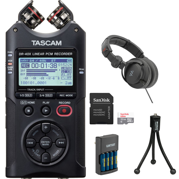 Tascam DR-40X Four Track Portable Recorder and USB Interfac Bundle with 32GB Memory Card, SnapPod Tripod, Polsen Studio Headphones and Rapid Charger with 4 AA NiMH Batteries