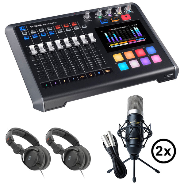 Tascam Mixcast 4 Podcast Station with Built-in Recorder/USB Audio Interface (MIXCAST4) Bundle with 2x Marantz Pro MPM-1000 Microphone and 2x Studio Monitor Headphones