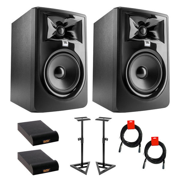 JBL 305P MkII Powered 5" Studio Monitor (Pair) Bundle with Studio Monitor Stands (Pair), 2x Small Pads & XLR-XLR Cable