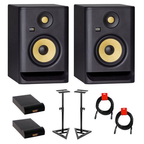 KRK ROKIT 5 G4 5" 2-Way Studio Monitor (Pair) Bundle with Studio Monitor Stands (Pair), 2x Small Pad & 2x XLR Cable