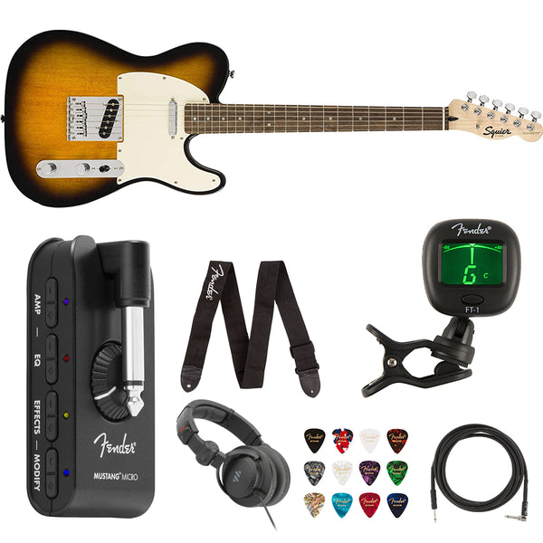 Squier by Fender Bullet Telecaster Laurel Fingerboard (Brown Sunburst) Bundle with Fender Mustang Headphone Amp, Guitar Strap, 10ft Instrument Cable, FT-1 Tuner, 12-Pack Picks, and Headphone