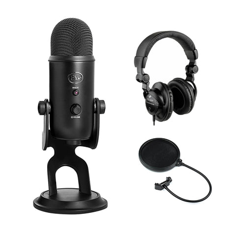 Blue Yeti USB Microphone (Blackout) with HPC-A30 Studio Monitor Headphones & Pop Filter Bundle