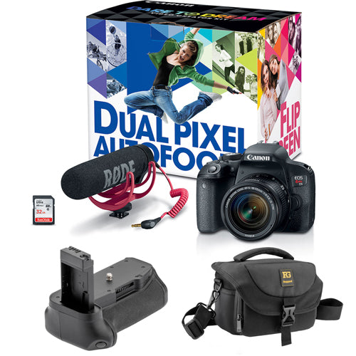 Canon EOS Rebel T7i DSLR Camera with 18-55mm Lens Video Creator Kit plus Vello BG-C15 Battery Grip and Journey 34 DSLR Shoulder Bag (Black)