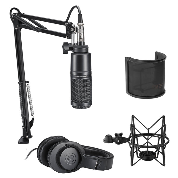 Audio-Technica AT2020 Studio Microphone Pack Bundle with ATH-M20x, Boom, XLR Cable, Shockmount & Pop Screen