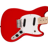 Squier Sonic Mustang Electric Guitar Torino Red, Maple Fingerboard Bundle with Fender Logo Guitar Strap Black, Fender 12-Pack Celluloid Picks, and Straight/Angle Instrument Cable