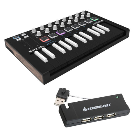 Arturia MiniLab Mk II Inverted Portable USB-MIDI Controller (Black) with IOGEAR 4-Port USB 2.0 Hub Bundle