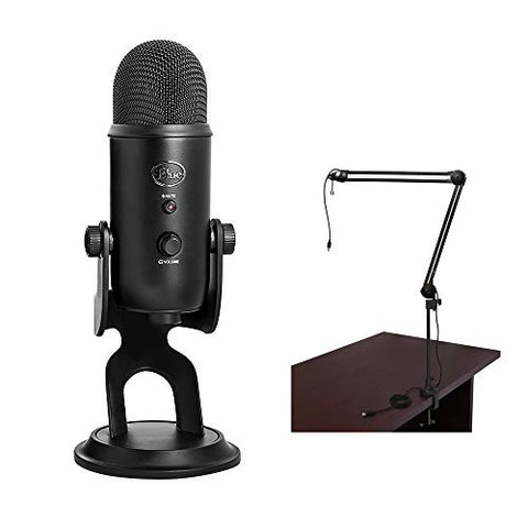 Blue Yeti USB Microphone (Blackout) with BAI-2U Two-Section Broadcast Arm plus Internal Springs & USB Cable Bundle