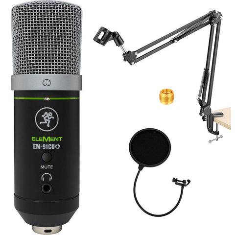 Mackie EM-91CU+ EleMent Series USB Condenser Microphone Bundle with Adjustable Microphone Suspension Boom Scissor Arm Stand and Pop Filter