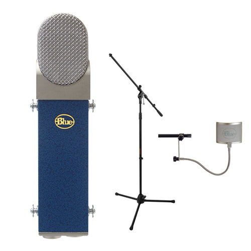 Blue Blueberry Cardioid Studio Condenser Large Diaphragm Microphone with Blue Universal Wire Mesh Windscreen & Tripod Microphone Stand w/Fixed Boom Kit