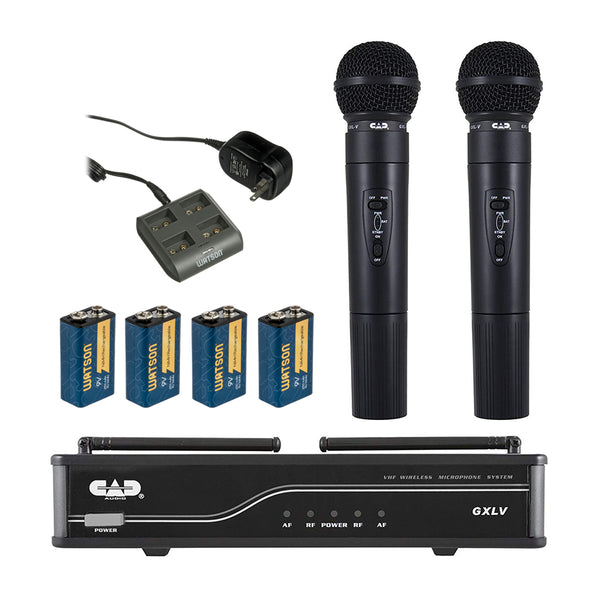 CAD VHF Dual Channel Handheld Wireless Microphone System with Watson 4x 9V Rechargeable NiMH Battery & 4-Bay Battery Charger Bundle