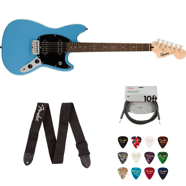 Fender Squire Sonic Mustang Electric Guitar, California Blue, Laurel Fingerboard Bundle with Classic Celluloid Guitar Picks, 12-Pack, Professional Instrument Cable (10ft) and Logo Guitar Strap.