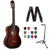 Ortega Guitars 6 String Student Series Pro Solid Top Nylon Classical Guitar, Right, Bourban Fade, 4/4 (R55BFT) Bundle with Fender 2" Logo Guitar Strap, Fender 12-Pack Picks, and Gator Guitar Stand