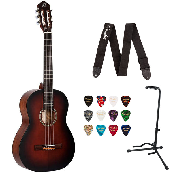 Ortega Guitars 6 String Student Series Pro Solid Top Nylon Classical Guitar, Right, Bourban Fade, 4/4 (R55BFT) Bundle with Fender 2" Logo Guitar Strap, Fender 12-Pack Picks, and Gator Guitar Stand