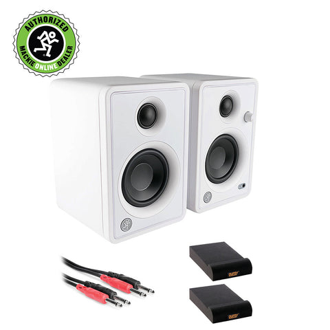 Mackie CR3-XBT Creative Reference Series 3" Multimedia Monitors with Bluetooth (Pair, Limited-Edition White) Bundle with 2x Small Isolation Pad & Phone to Phone (1/4") Cables