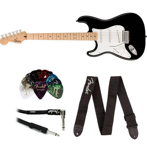 Squier Sonic Stratocaster Electric Guitar Black, Maple Fingerboard, White Pickguard, Left-Handed Bundle with Fender Logo Guitar Strap Black, Fender 12-Pack Celluloid Picks, and Straight/Angle Instrument Cable