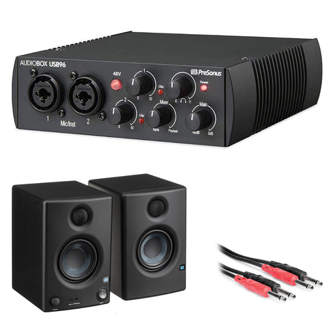 PreSonus AudioBox USB 96 2x2 USB Audio Interface (25th Anniversary Black) Bundle with PreSonus Eris E3.5 3.5" Monitors (Pair) and Phone to Phone Cables