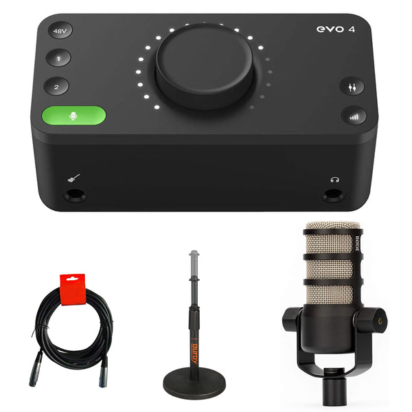 Audient EVO 4 Desktop USB Type-C Audio Interface Bundle with Rode PodMic Podcasting Microphone, Tabletop Mic Stand, and XLR-XLR Cable