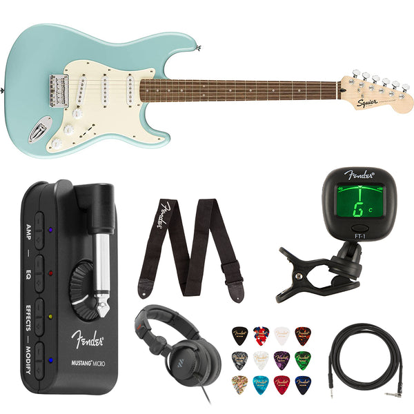 Squier by Fender Bullet Stratocaster Laurel Fingerboard (Tropical Turquoise) Bundle with Fender Mustang Headphone Amp, Guitar Strap, 10ft Instrument Cable, FT-1 Tuner, 12-Pack Picks, and Headphone