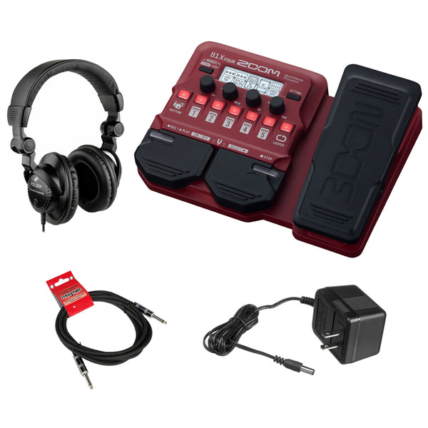 Zoom B1X Four Bass Multi-Effects Pedal (Expression Pedal) with Polsen HPC-A30 Monitor Headphones, 9V Power Adapter & 10ft Instrument Cable Bundle