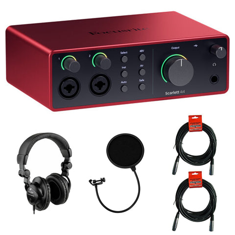 Focusrite Scarlett 4i4 USB-C Audio/MIDI Interface (4th Gen) Bundle with Polsen HPC-A30 Studio Monitor Headphones, Pop Filter and 2x XLR- XLR Cable