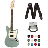 Squier Bullet Mustang HH Electric Guitar, Sonic Gray, Laurel Fingerboard (0371220548) Bundle with Classic Celluloid Guitar Picks, 12-Pack, Professional Instrument Cable and Logo Guitar Strap.