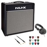 NuX Mighty 20BT Modeling Amplifier with Bluetooth Bundle with Polsen HPC-A30-MK2 Studio Monitor Headphones, Kopul 10' Instrument Cable, and Fender 12-Pack Picks