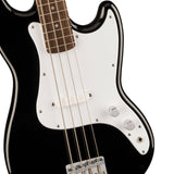 Fender 0373800506 Sonic Bronco Bass Laurel Fingerboard White Pickguard Black Bundle with Fender Logo Guitar Strap Black, Fender 12-Pack Celluloid Picks, and Straight/Angle Instrument Cable