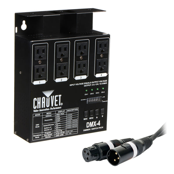 CHAUVET DJ DMX-4LED 4-Channel Dimmer Pack with American DJ Accu-cable 3-pin DMX Cable (50') Bundle