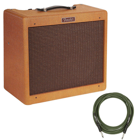 Fender Blues Junior Guitar Amplifier, Lacquered Tweed Bundle with Fender Joe Strummer Instrument Cable, (13ft) Straight/Straight, Drab Green