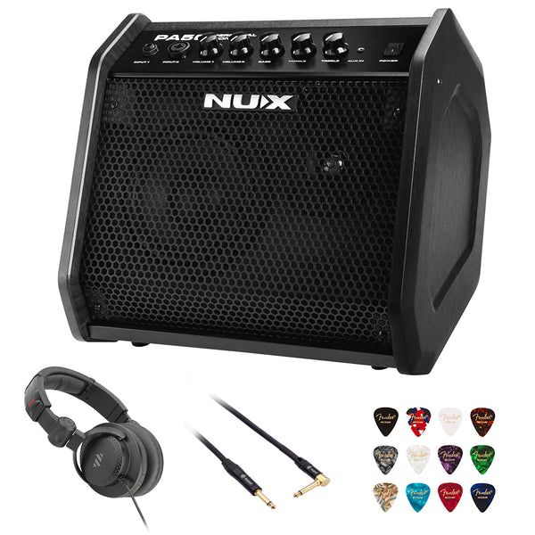 NUX PA-50 Personal Monitor 50W 2 Channel Amplifier Bundle with Polsen HPC-A30-MK2 Studio Monitor Headphones, Kopul 10' Instrument Cable, and Fender 12-Pack Picks