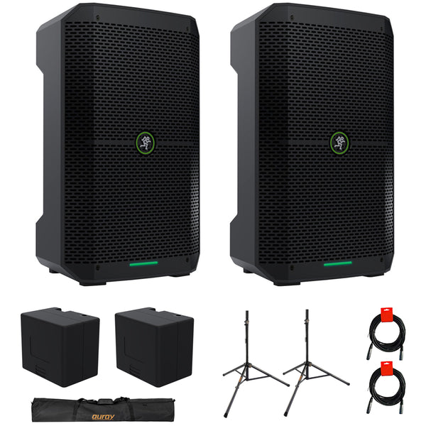 Mackie Thump Go 8" Portable Bluetooth Battery-Powered Loudspeaker (Pair) Bundle with 2x Mackie Thump Go Battery, Auray SS-47S-P Speaker Stand with Case, and 2x 20" XLR-XLR Cable