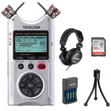 Tascam DR-40X Four-Track Digital Audio Recorder (Silver) Bundle with Tascam TH-02 Headphones, 32GB Memory Card, Charger & Tripod