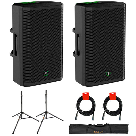 Mackie Thrash215 15-Inch 1300W Powered PA Loudspeaker System, Black (Pair) Bundle with Steel Speaker Stands with Tripod Base and Carrying Case and 2x XLR-XLR Cable