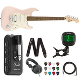 Squier by Fender Bullet Stratocaster Hard Tail  HSS Laurel Fingerboard (Shell Pink) Bundle with Fender Mustang Headphone Amp, Guitar Strap, 10ft Instrument Cable, FT-1 Tuner, 12-Pack Picks, and Headphone