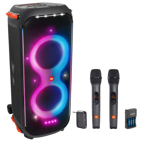 JBL PartyBox 710 800W Wireless Speaker Bundle with JBL Wireless Microphone System (2-Pack) and Rapid Charger with 4 AA Batteries