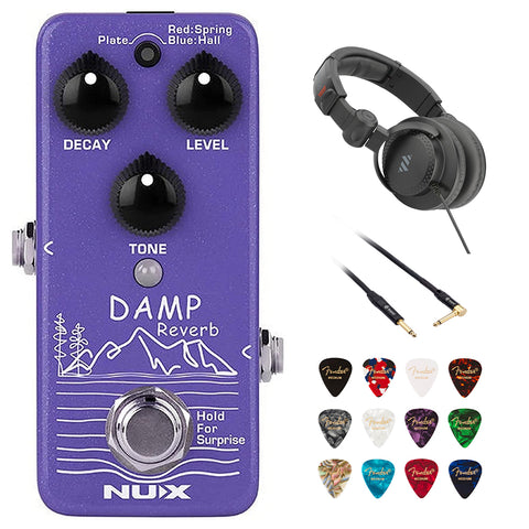 NUX Damp Reverb Guitar Effects Pedal with Plate, Spring, and Hall Bundle with Kopul 10' Instrument Cable, Polsen HPC-A30-MK2 Studio Headphones and Fender 12-Pack Picks
