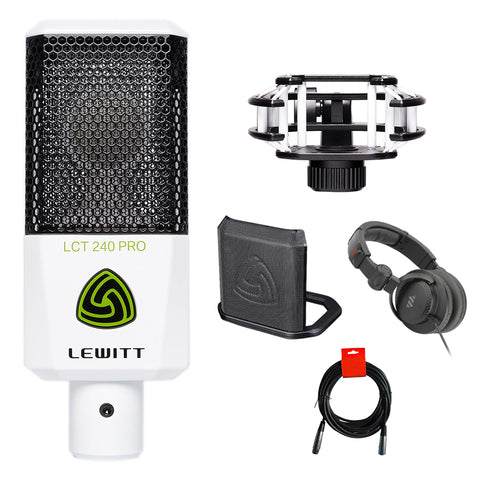 Lewitt LCT-240 Pro Condenser Microphone (White) Bundle with Lewitt Shockmount (White), Magnetic Pop Filter, Polsen Studio Monitor Headphone & XLR Cable