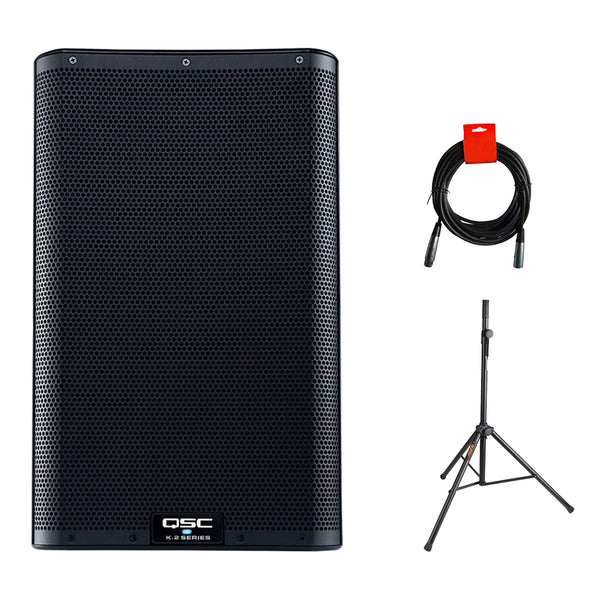 QSC K10.2 Active 10" Powered 2000 Watt PA Loudspeaker Bundle with Auray SS-4420 Speaker Stand and XLR-XLR Cable