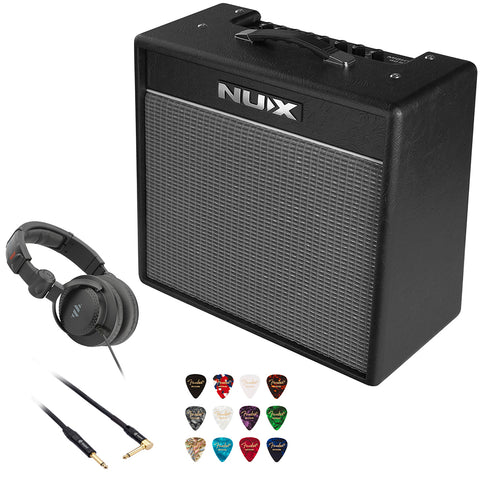 NuX Mighty 40BT Guitar Amplifier with Bluetooth Bundle with Polsen HPC-A30-MK2 Studio Monitor Headphones, Kopul 10' Instrument Cable, and Fender 12-Pack Picks