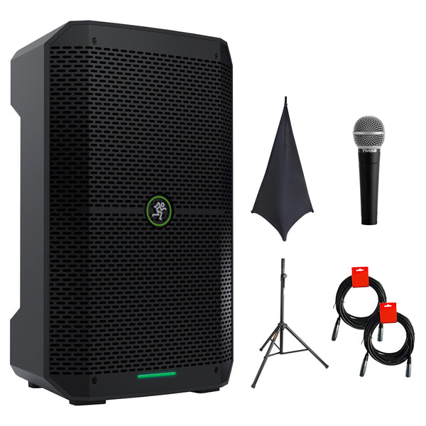 Mackie Thump Go 8" Portable Bluetooth Battery-Powered Loudspeaker Bundle with On-Stage SSA100 Speaker Stand Skirt, Auray Adjustable Speaker Stand, Vocal Mic, and 2x XLR-XLR Cable