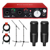 Focusrite Scarlett 2i2 USB Audio Interface (2nd Generation) with (2) AT2020 Cardioid Condenser Microphone, (2) MS-5230F Tripod Microphone Stand and (2) XLR Cable