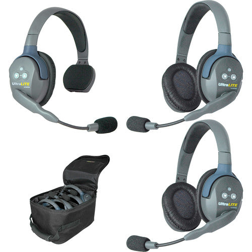 UltraLITE 3 person system w/ 1 Single 2 Double Headsets, batteries & case