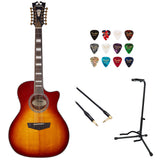 D'Angelico Electro 12 String Acoustic-Electric Guitar, Right, Iced Tea Burst (DAPG212ITBAPS) Bundle with Fender 12-Pack Guitar Picks, Kopul Phone to Phone (1/4") Cable and Gator Single-Guitar Stand