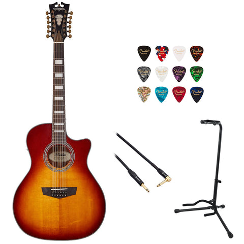 D'Angelico Electro 12 String Acoustic-Electric Guitar, Right, Iced Tea Burst (DAPG212ITBAPS) Bundle with Fender 12-Pack Guitar Picks, Kopul Phone to Phone (1/4") Cable and Gator Single-Guitar Stand