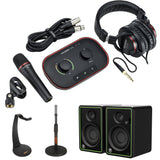 Focusrite Vocaster One Studio 1-Person Podcasting Bundle with Mackie CR3-X 3" Monitors (Pair, Green), Tabletop Mic Stand, and Headphone Stand