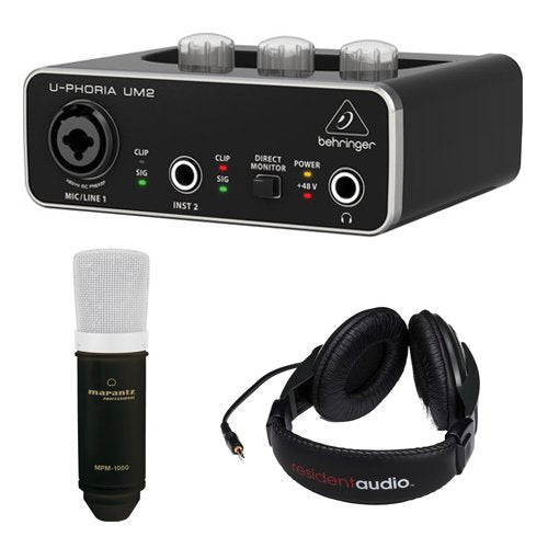 Behringer U-PHORIA UM2 2x2 USB Audio Interface with Large-Diaphragm Condenser Microphone and Stereo Headphones (Black)